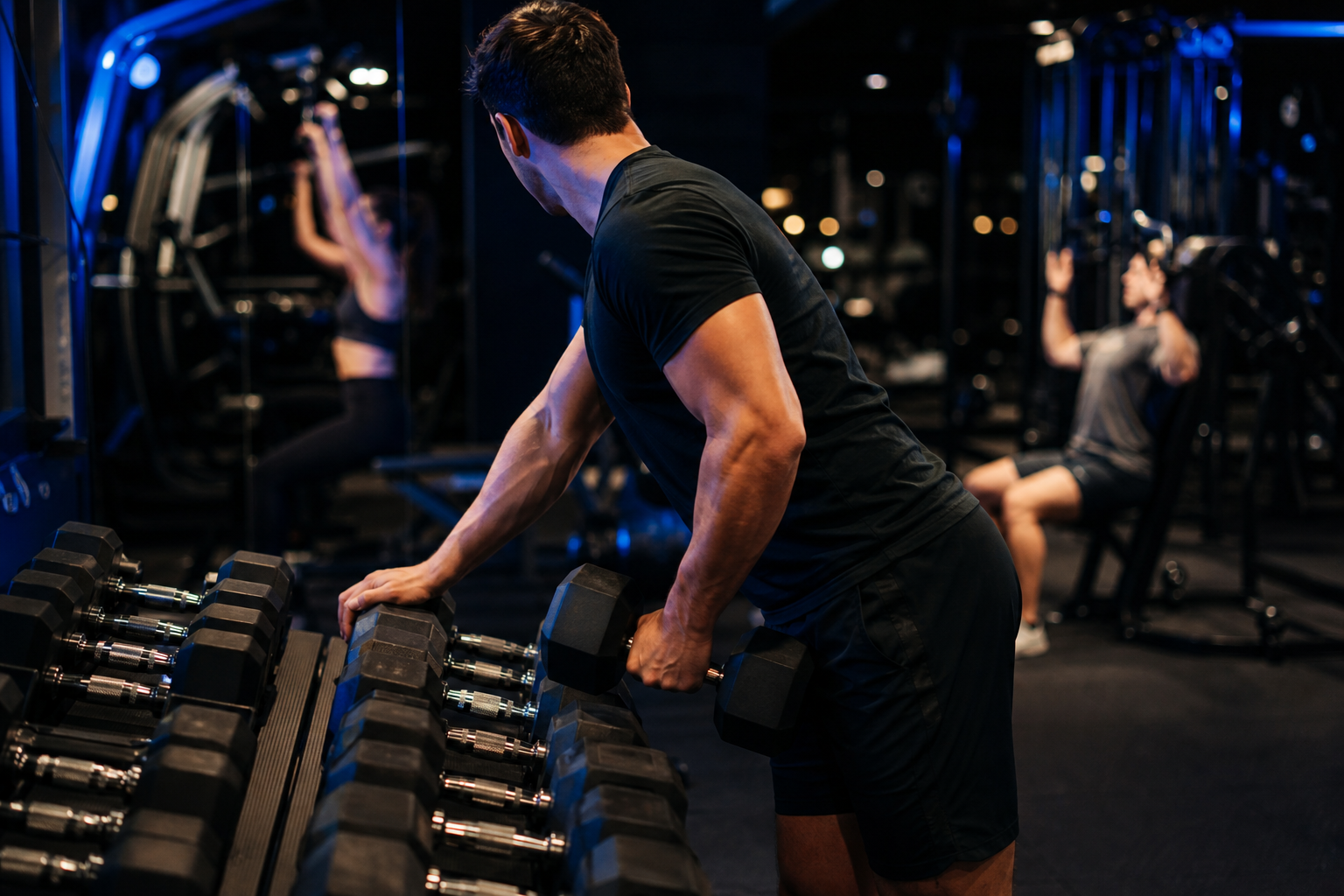 Lifter choosing dumbbells in a busy commercial gym