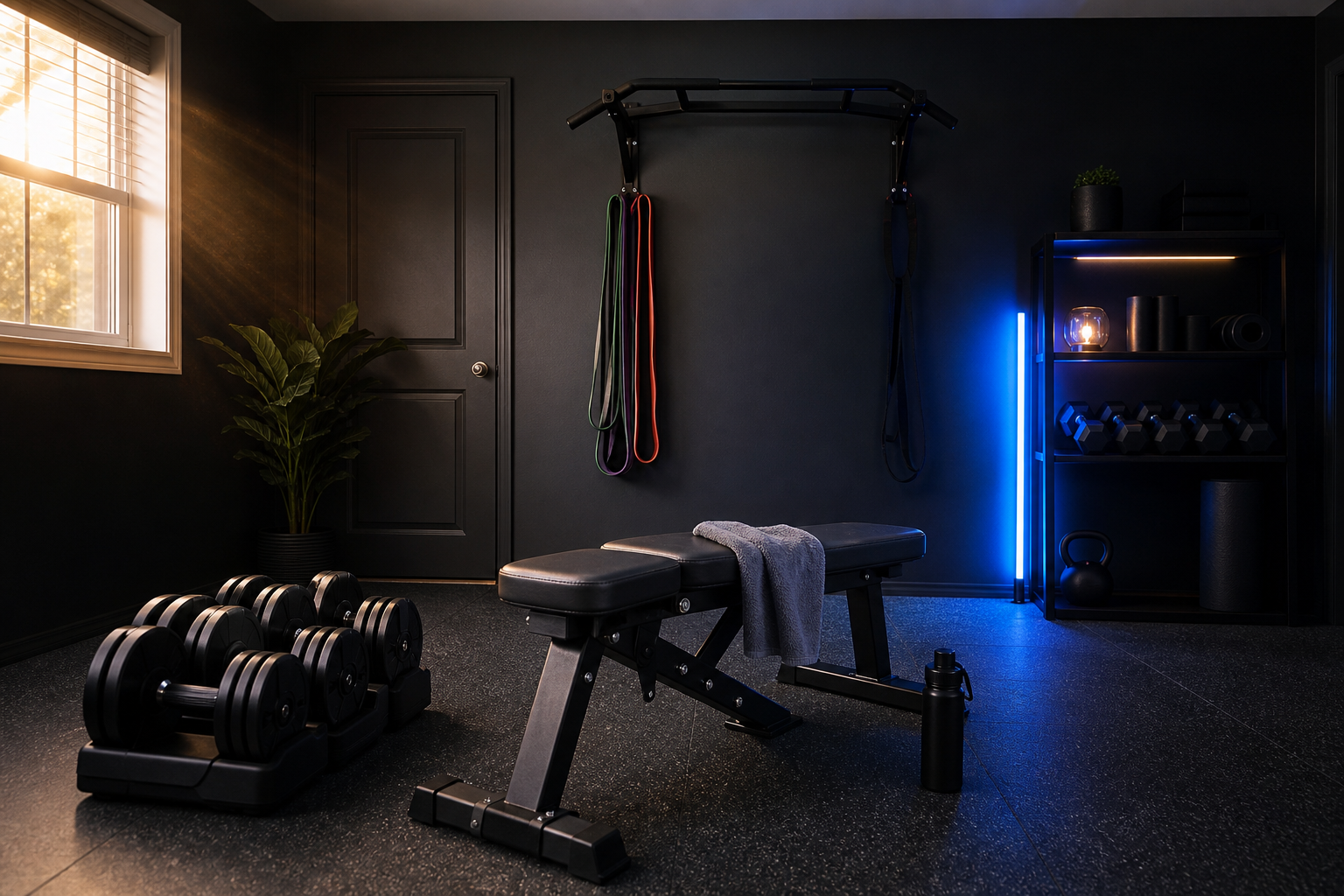 Compact home gym with adjustable dumbbells and a bench