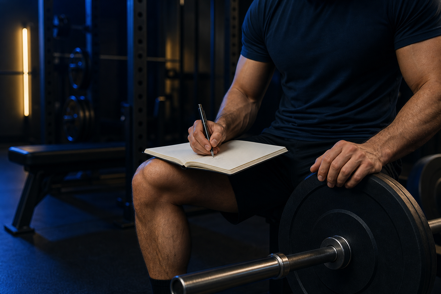 Lifter planning a weekly workout beside a loaded barbell