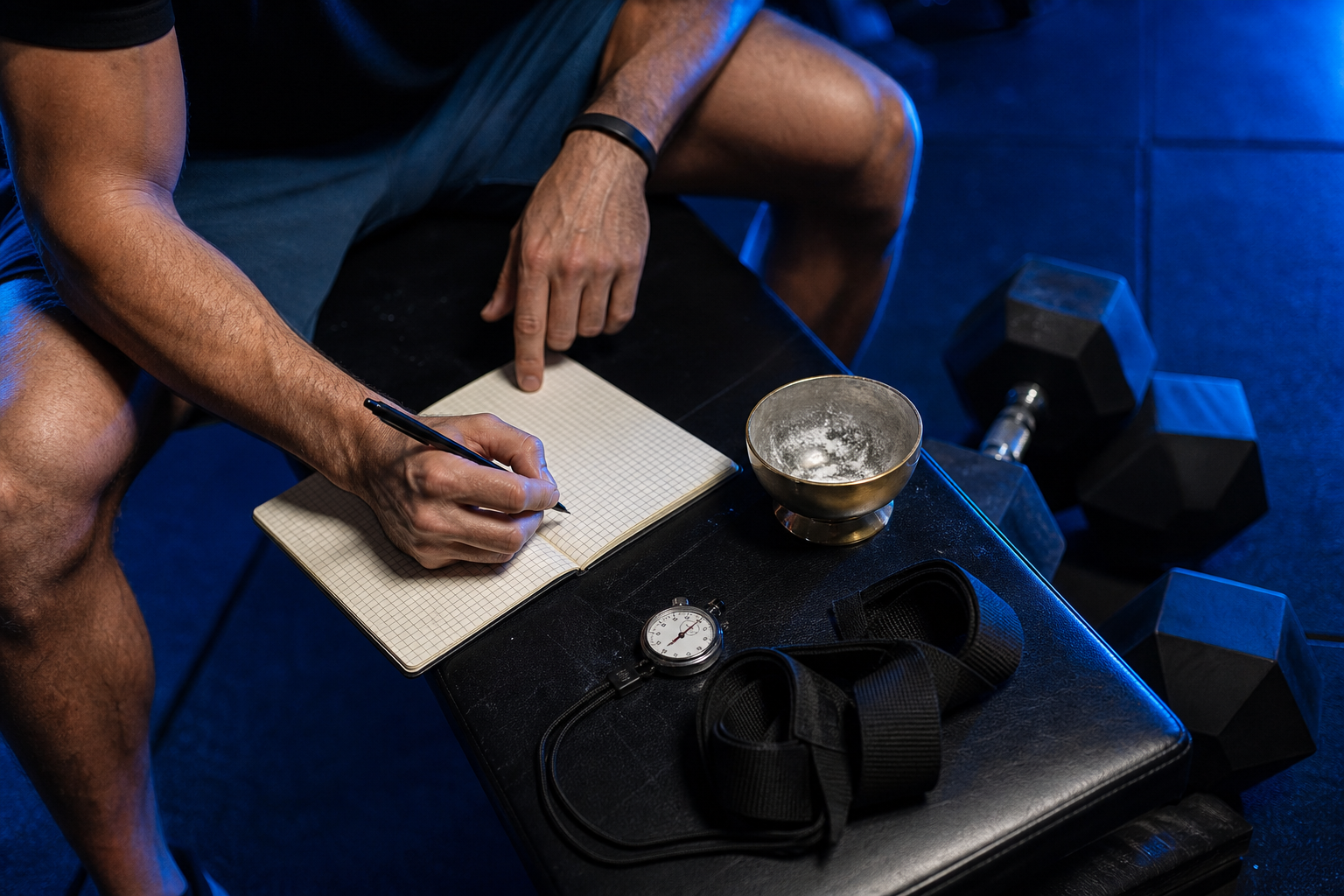 Lifter recording completed sets in a workout log